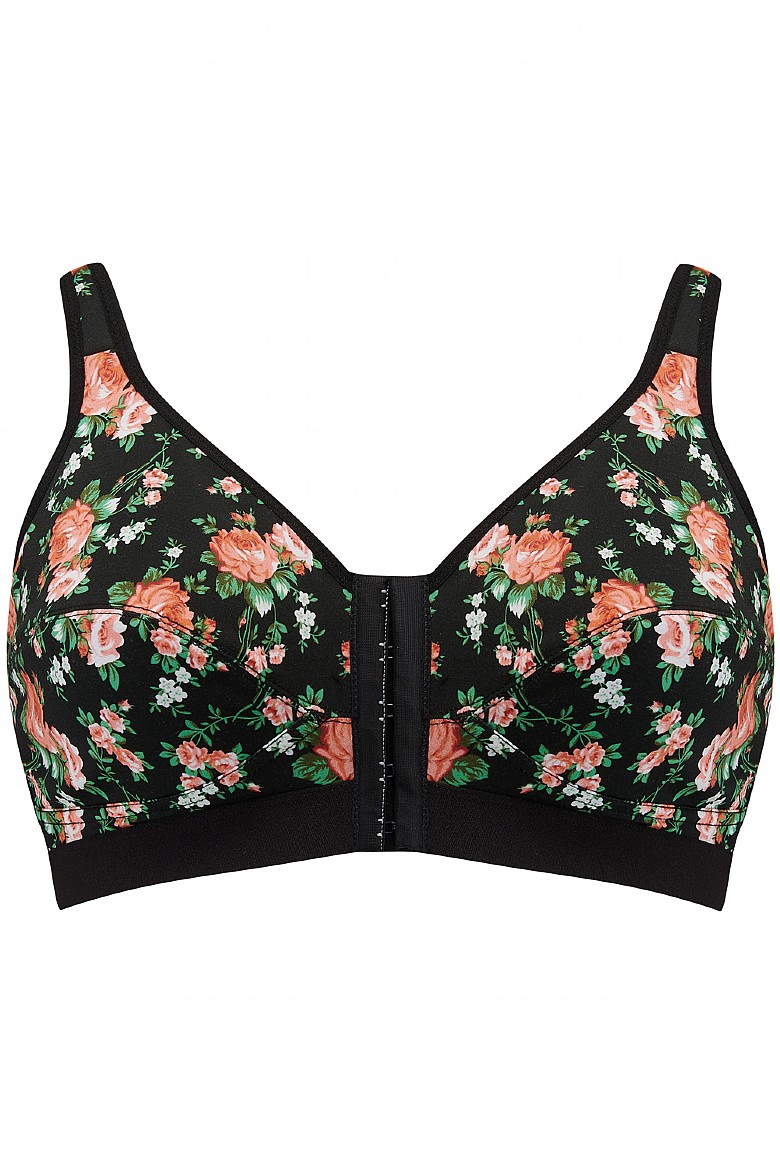 Front Fastening '5D' Stereoscopic Rose Embroidery Bra-Black - Cloud Bras
